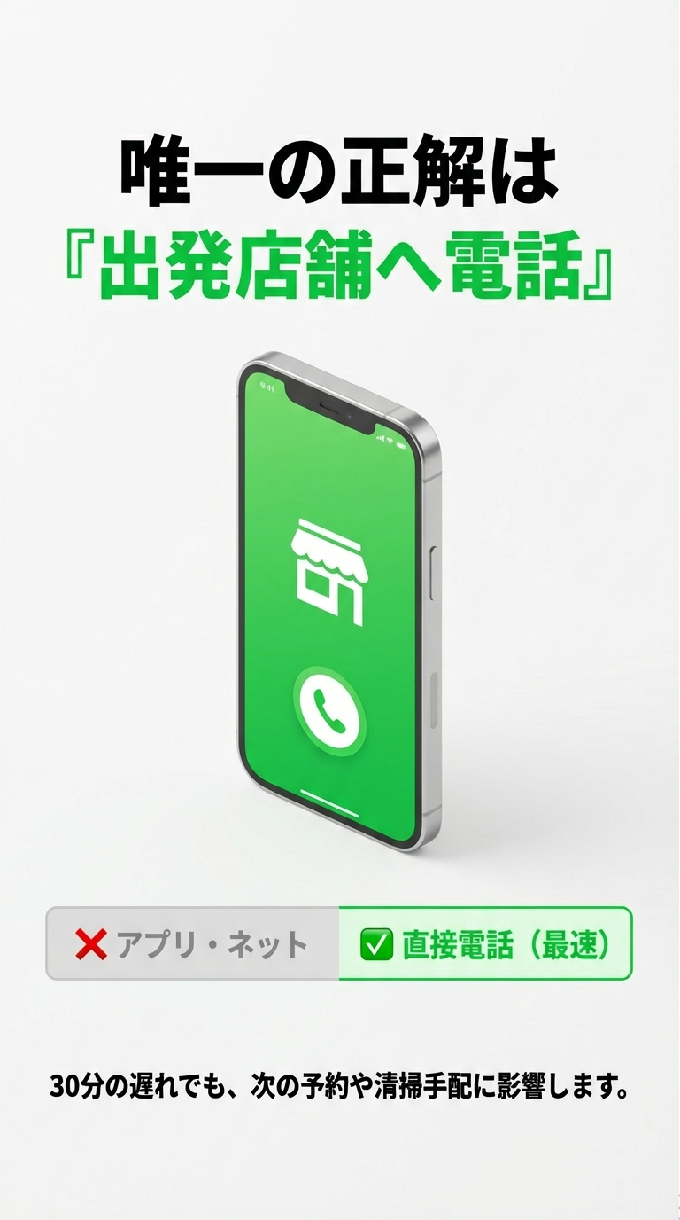 連絡手段は電話が最速 スマホの通話画面のイラスト。「唯一の正解は『出発店舗へ電話』。アプリやネットではなく直接電話が最速」という解説。