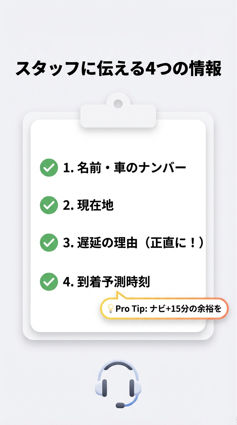 スタッフに伝える4つの情報 「スタッフに伝える4つの情報(名前・ナンバー、現在地、理由、到着予測時刻)」と「ナビ+15分の余裕を」というプロのアドバイス。