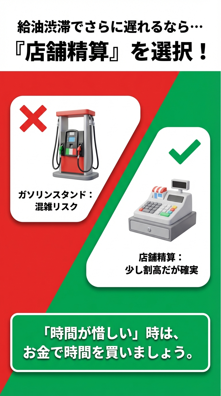 渋滞時の店舗精算のすすめ ガソリンスタンドの混雑リスクと店舗精算の比較。「時間が惜しい時は、お金で時間を買いましょう」という提案。
