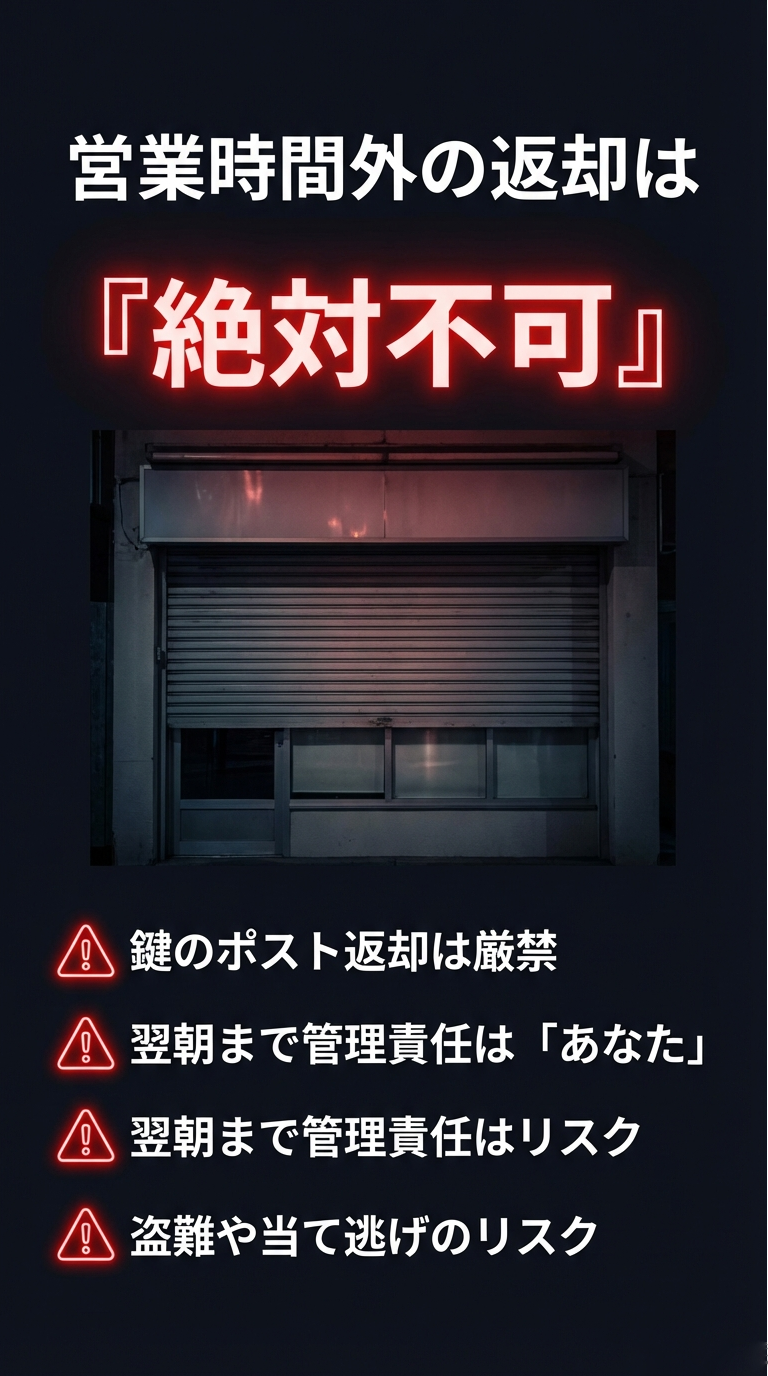 営業時間外返却の禁止事項 閉まったシャッターの画像。「営業時間外の返却は絶対不可。鍵のポスト返却は厳禁。翌朝まで管理責任(盗難・当て逃げリスク)はあなたにある」という警告。