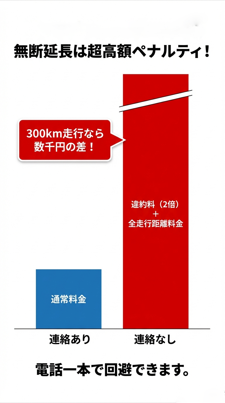無断延長と連絡ありの料金比較 通常料金と「連絡なし(違約料2倍+全走行距離料金)」の差をグラフで比較した画像。電話一本で回避できることを強調。