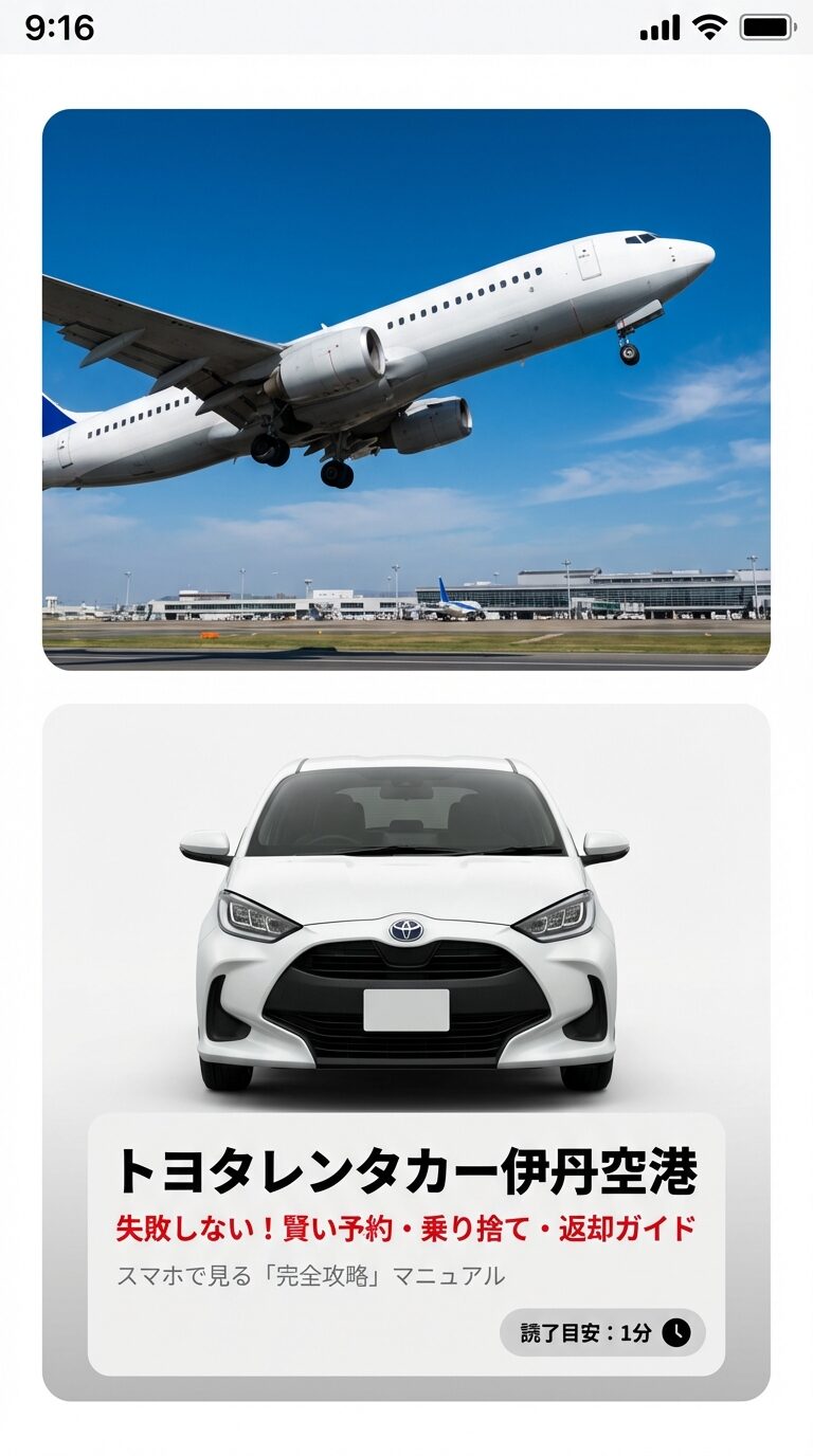 トヨタレンタカー伊丹空港 完全攻略ガイド表紙 青空を背景に離陸する飛行機の写真。「トヨタレンタカー伊丹空港 失敗しない!賢い予約・乗り捨て・返却ガイド」というタイトルテキスト 。