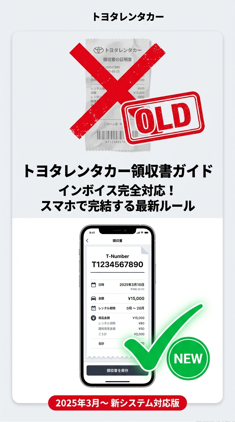 2025年3月から始まったトヨタレンタカーの領収書新システムを説明するスライド。古い紙の領収書にバツ印、スマホでのデジタル領収書にチェックマークがついている。