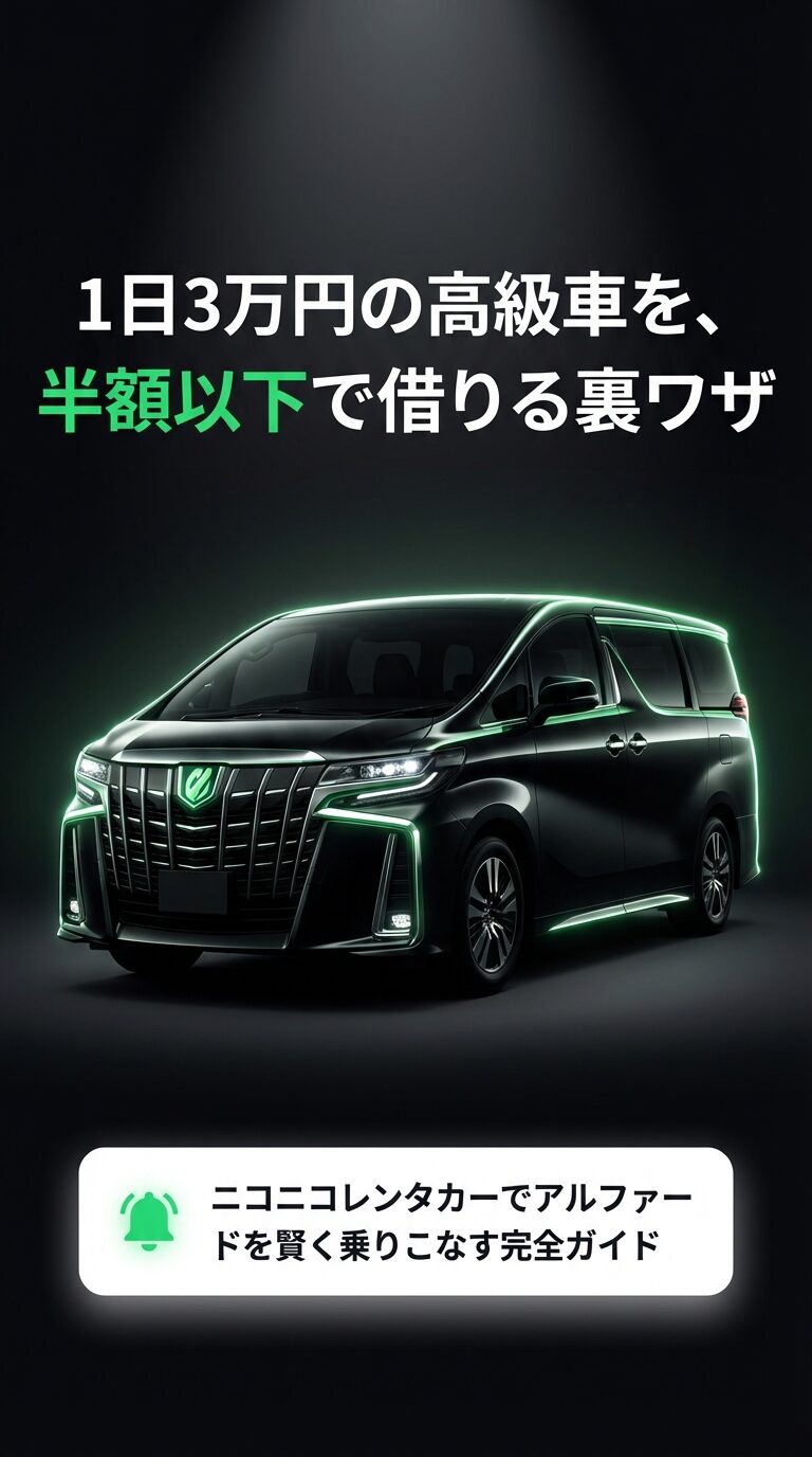 「1日3万円の高級車を半額以下で借りる裏ワザ」「ニコニコレンタカーでアルファードを賢く乗りこなす完全ガイド」と書かれた、ネオン風に光るアルファードのタイトルスライド。