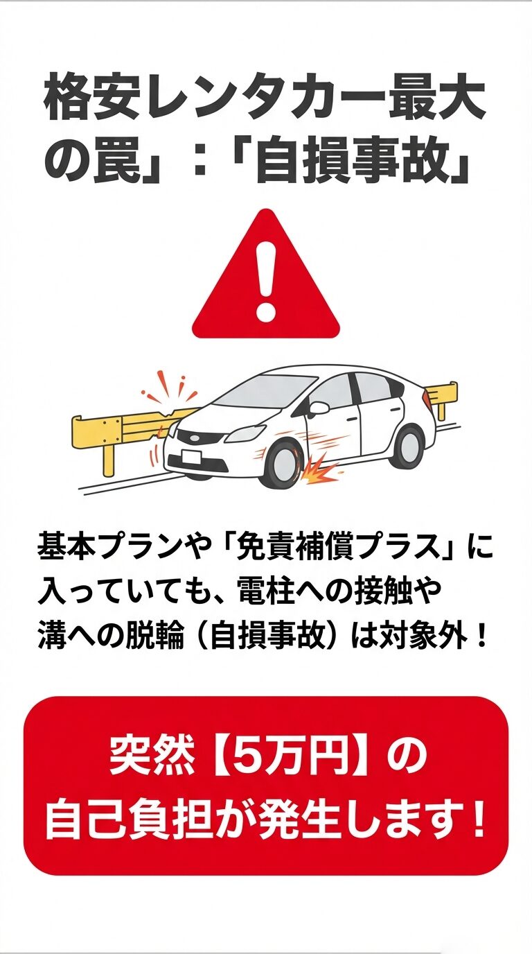 車がガードレールに接触しているイラストと、自損事故は免責補償プラスでも5万円の自己負担が発生するという警告。