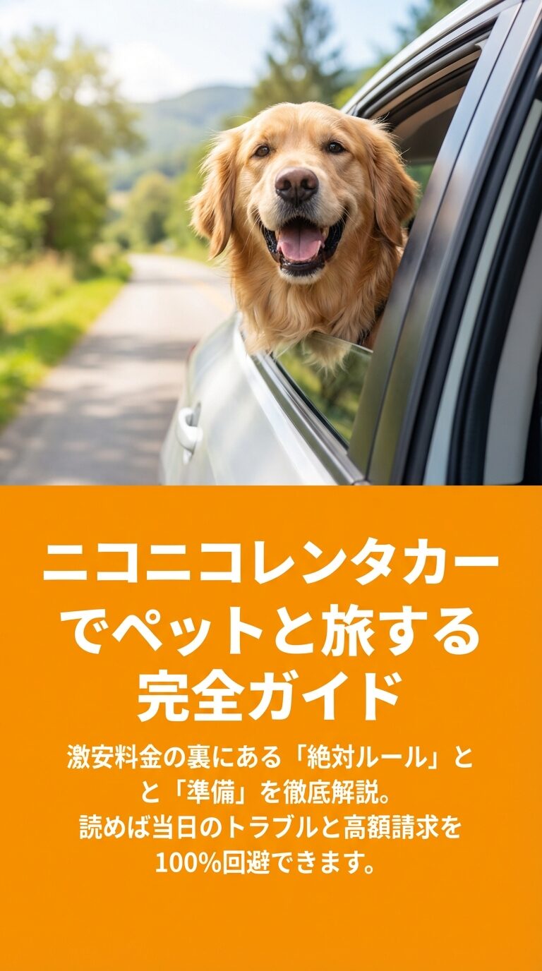 ニコニコレンタカーでペットと旅する完全ガイド。激安料金の裏にある絶対ルールと準備を解説し、トラブルと高額請求を回避する内容。