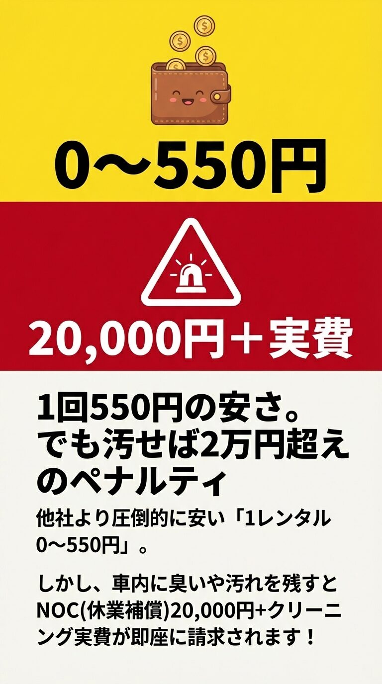 財布と警告灯のイラスト。1回550円という安さの一方で、車内を汚すとNOC（休業補償）20,000円とクリーニング実費が請求されることを示す画像。