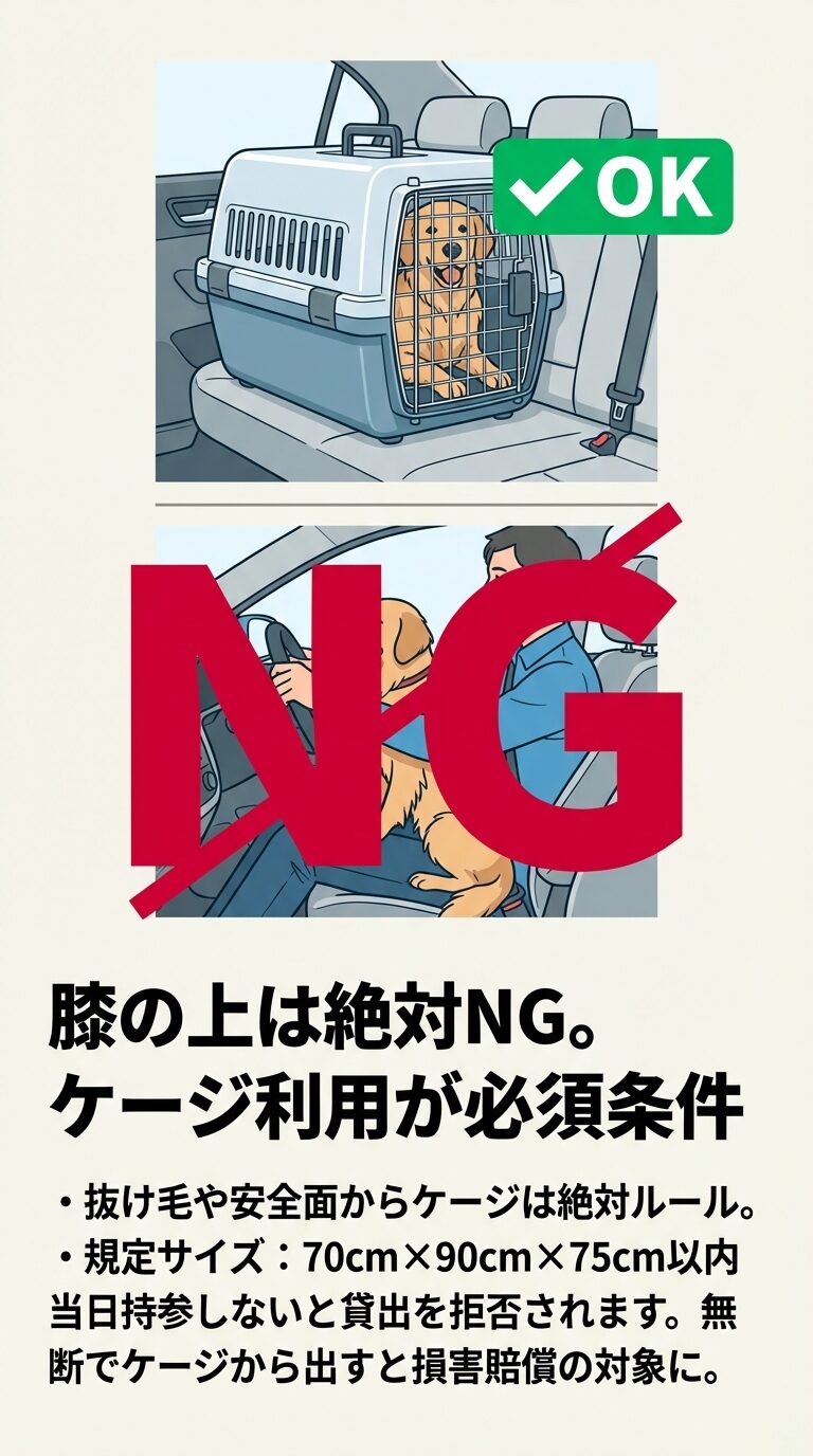 後部座席でケージに入った犬（OK）と、運転者の膝の上に乗った犬（NG）の比較イラスト。規定サイズ $70cm \times 90cm \times 75cm$ 以内のケージ持参が必須条件であることを記載。