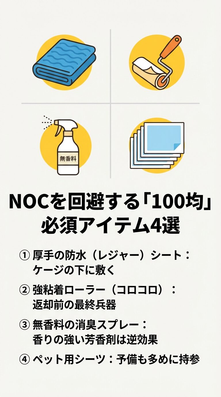 防水シート、粘着ローラー（コロコロ）、無香料消臭スプレー、ペット用シーツのイラスト。これらを100均で揃えて持参することを推奨する内容。