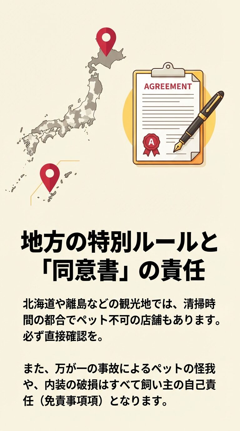 同意書とペン、印鑑のイラスト。北海道や離島などのペット不可店舗の存在と、万が一の事故や破損はすべて飼い主の自己責任（免責）となることの注意喚起。