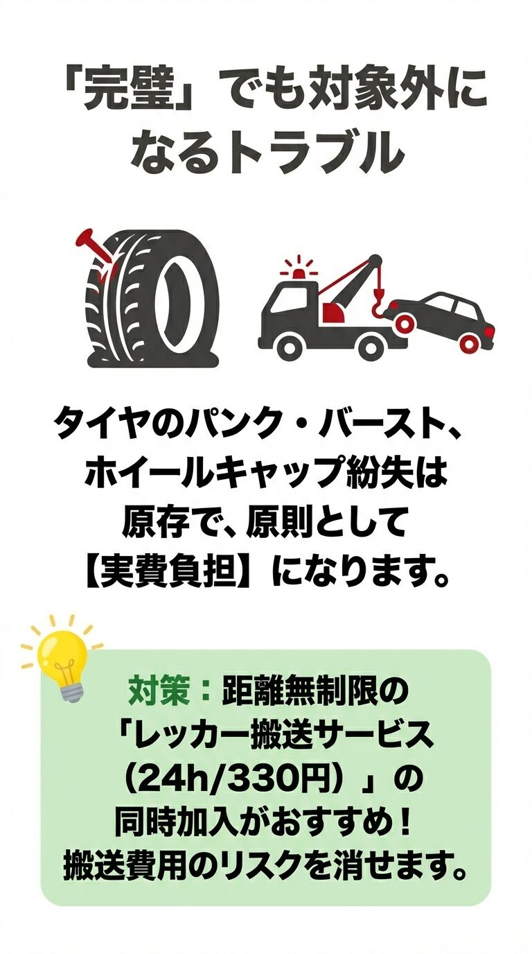 パンクしたタイヤとレッカー車のイラスト。タイヤ関連は実費負担になることと、距離無制限レッカーサービスの同時加入を勧める内容。