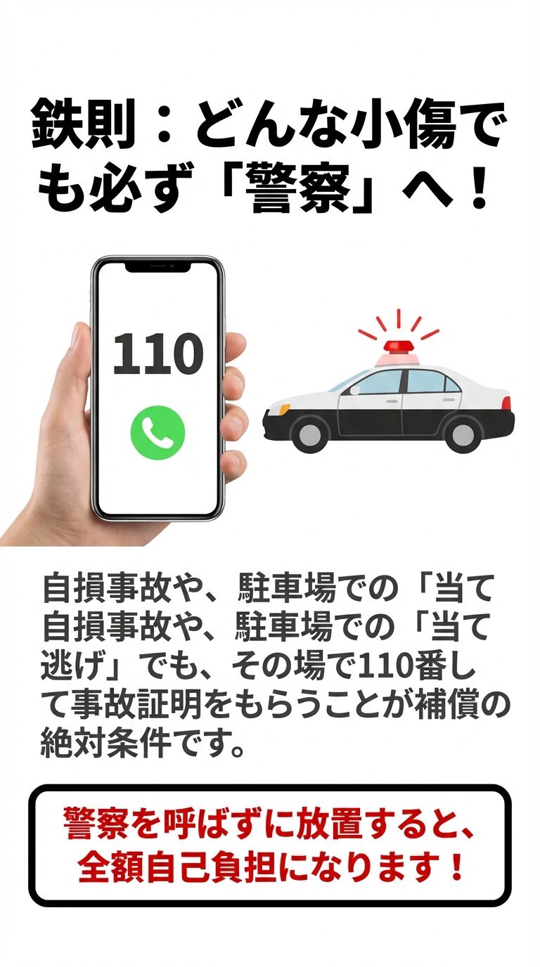 警察への通報110番のアイコン。どんな小傷や自損事故でも、その場で警察を呼び事故証明をもらうことが補償の絶対条件であるという警告。