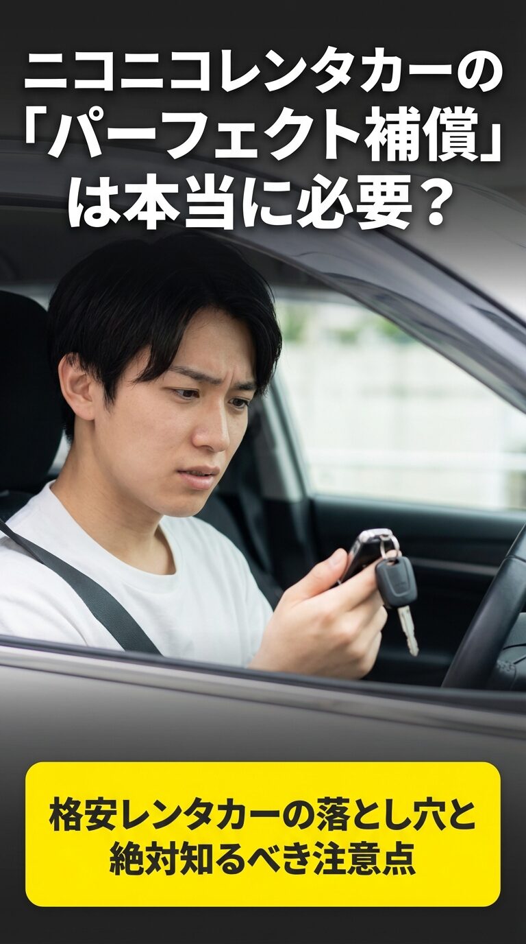 「ニコニコレンタカーのパーフェクト補償は本当に必要？」というタイトルと、格安レンタカーの注意点を示唆する表紙スライド。