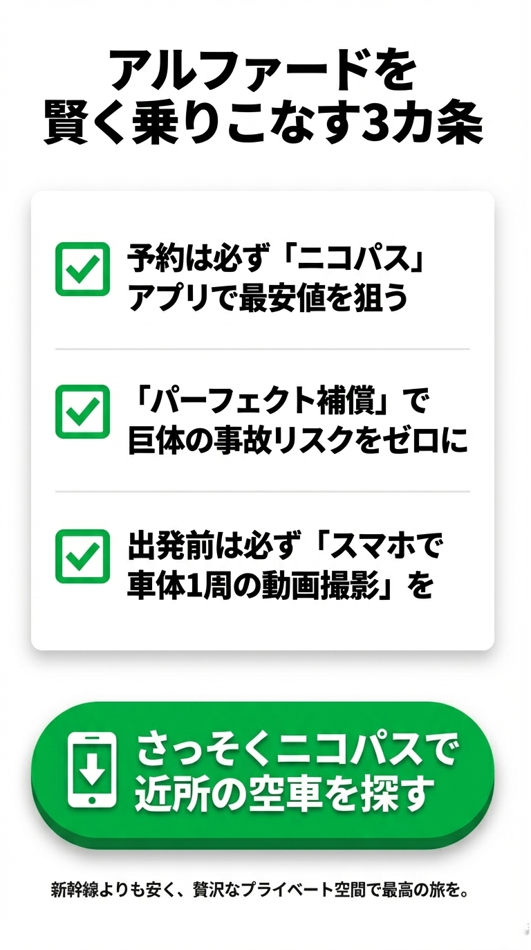 予約はアプリ「ニコパス」で、補償は「パーフェクト補償」、出発前は「動画撮影」という、この記事の要点を3つにまとめたスライド。