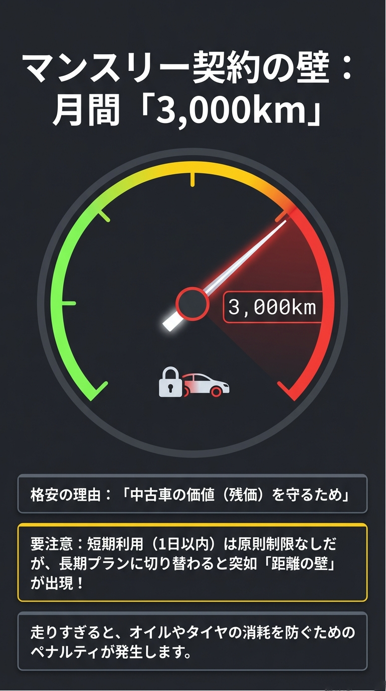 月間3,000km制限のメーター画像と、中古車の資産価値（残価）を守り、車両の消耗を防ぐために制限があることを説明する図解 