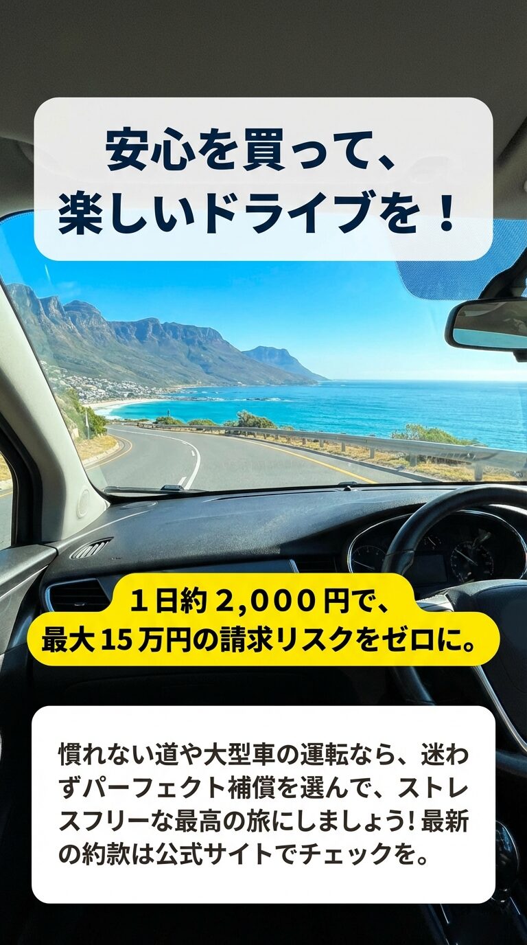1日約2,000円で最大15万円の請求リスクをゼロにし、ストレスフリーな旅を推奨するまとめのスライド。