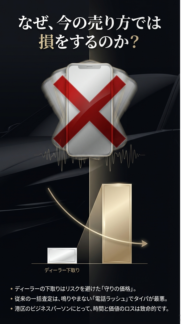 なぜ今の売り方では損をするのか? ディーラー下取りと従来の一括査定のデメリットを解説。下取りは「守りの価格」、一括査定は「電話ラッシュでタイパが最悪」と指摘し、港区のビジネスパーソンにとっての損失を強調する図解。