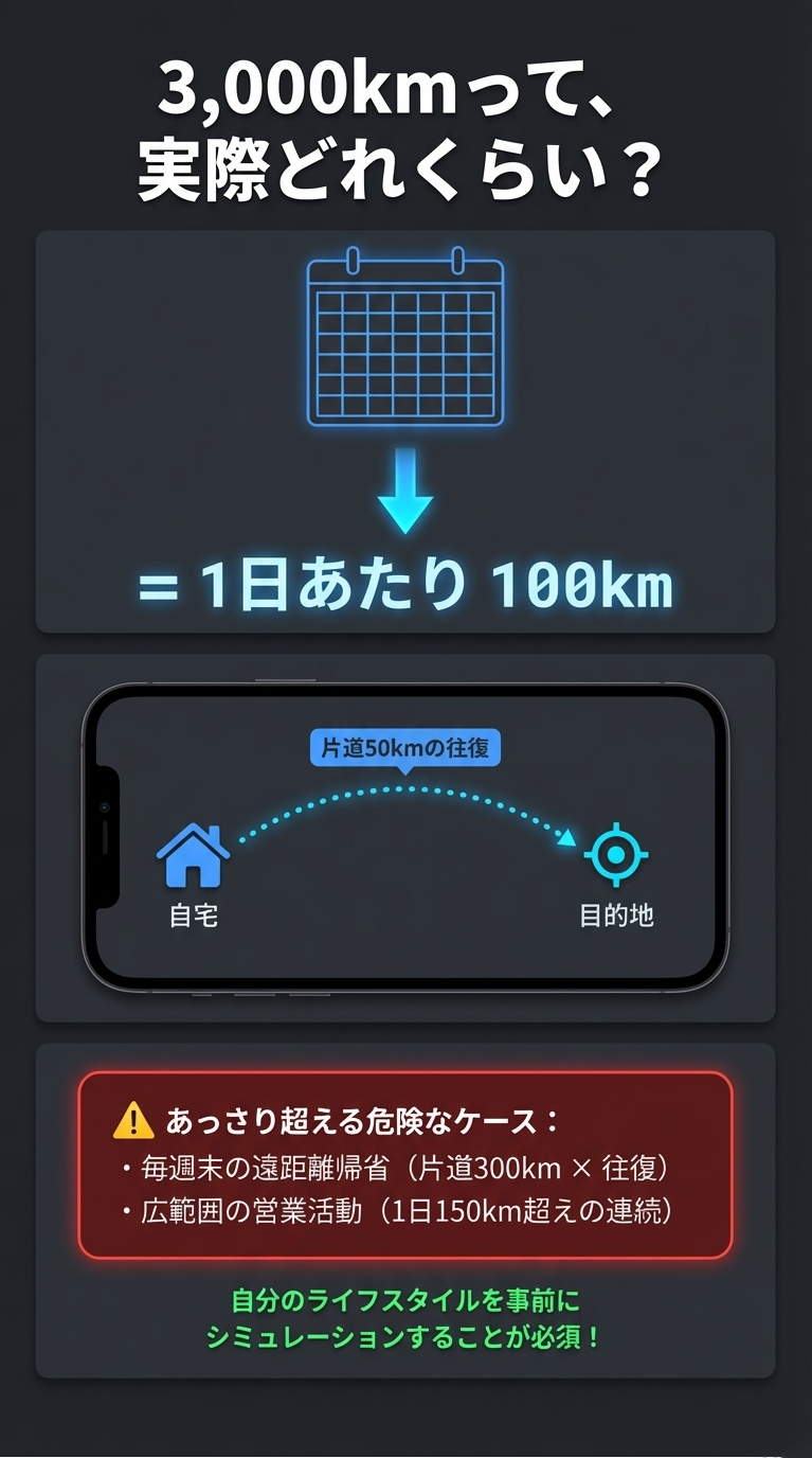 3,000kmが1日あたり100km（片道50kmの往復）に相当することと、遠距離帰省や広範囲の営業活動で超えやすいことを示すカレンダー形式の図解 