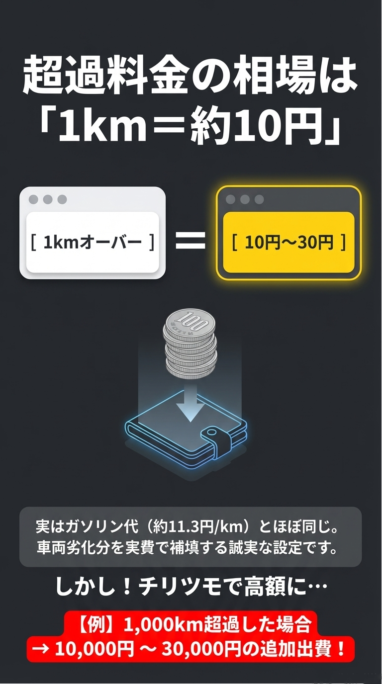 超過料金が1kmあたり約10円〜30円であり、1,000km超過すると1万円〜3万円の追加出費になることを示す画像 