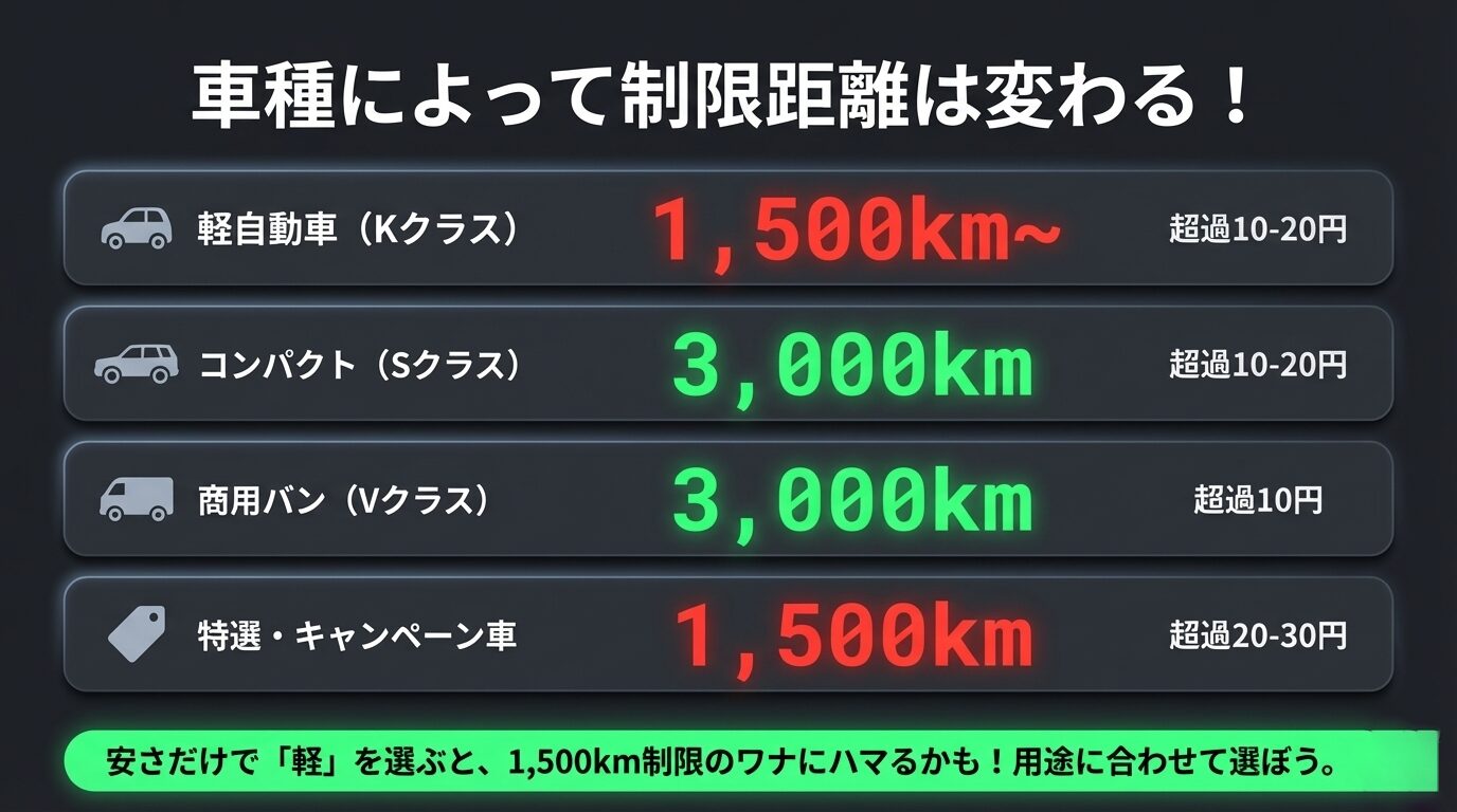 軽自動車、コンパクトカー、商用バン、キャンペーン車ごとの走行制限距離と超過時の1km単価をまとめた比較一覧表 