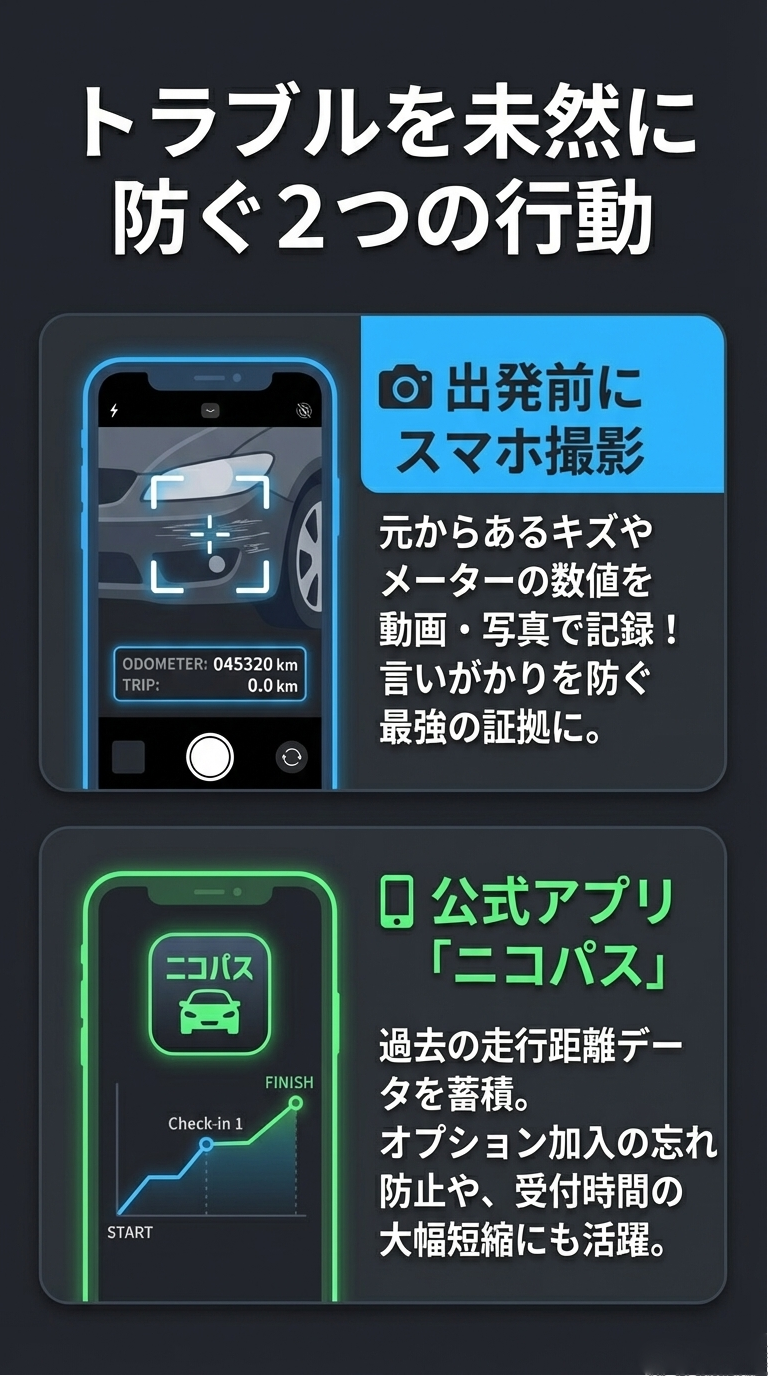 スマホでのメーター・キズ撮影による証拠残しと、走行データ蓄積やオプション加入漏れを防ぐ公式アプリ「ニコパス」の機能を紹介するスライド 