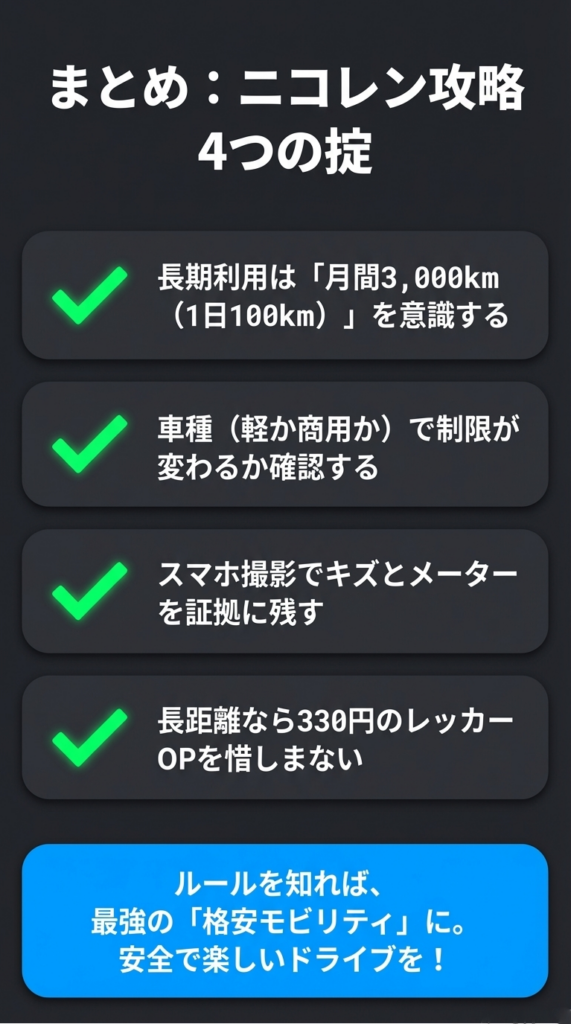 3,000km制限の意識、車種確認、スマホ撮影、レッカー加入という、賢く利用するための4つのポイントをまとめた最終スライド 