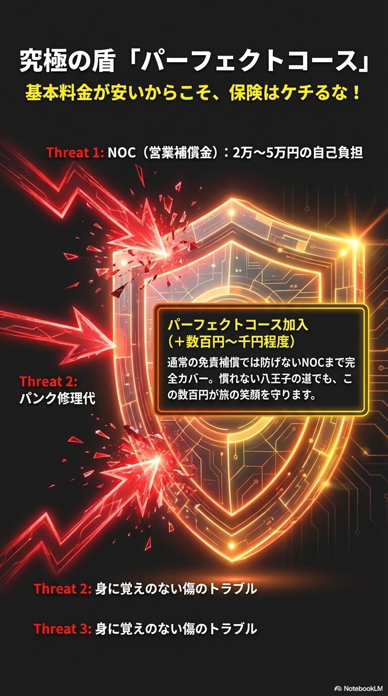 営業補償（NOC）やパンク修理代をカバーするパーフェクトコースの紹介。数百円から千円程度の追加で、2万〜5万円の自己負担リスクをゼロにする。