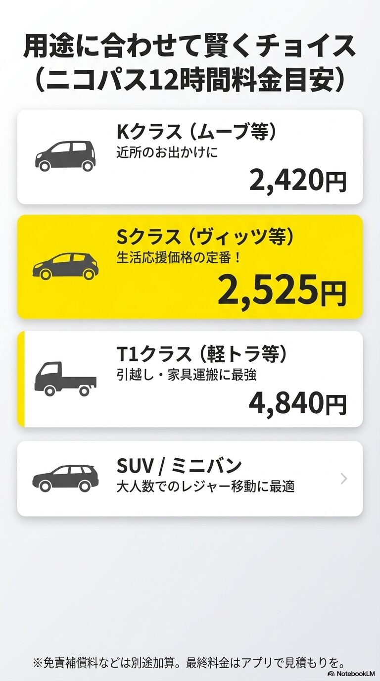 Kクラス（2,420円）、Sクラス（2,525円）、T1クラス（4,840円）など、用途に合わせた車種とニコパス利用時の料金目安一覧。