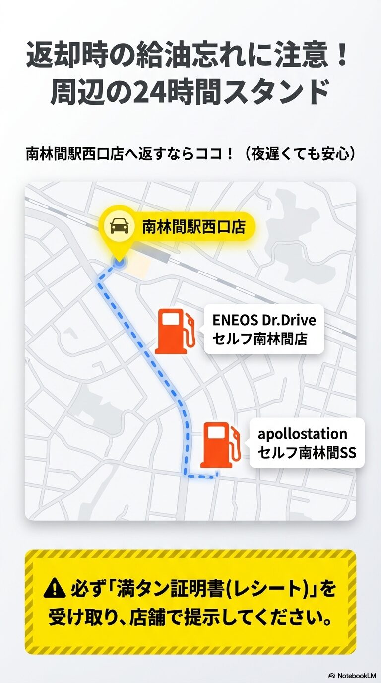 南林間駅西口店付近のENEOSとapollostationの案内。返却時に満タン証明書の提示が必要であることの注意書き。