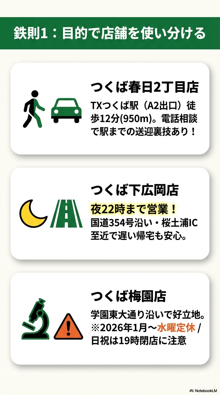 鉄則1:目的で店舗を使い分ける つくば春日2丁目店(送迎裏技あり)、下広岡店(22時まで営業)、梅園店(定休日注意)の各店舗の特徴をまとめたスライド。