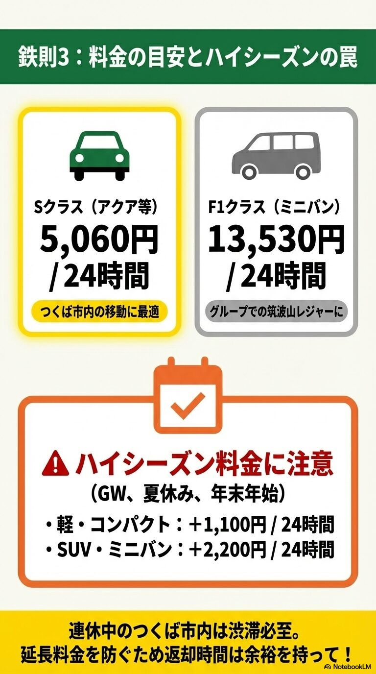 鉄則3:料金の目安とハイシーズンの罠 Sクラス(アクア等)とF1クラス(ミニバン)の24時間料金目安と、大型連休(GW・夏休み・年末年始)に発生するハイシーズン追加料金(1,100円〜2,200円)の案内。