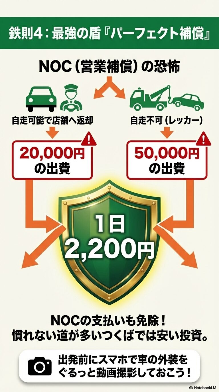 鉄則4:最強の盾『パーフェクト補償』 自走可否で変わるNOC(2万円/5万円)の解説と、1日2,200円でその支払いが免除される「パーフェクト補償」のメリット、出発前の動画撮影を推奨するアドバイス。