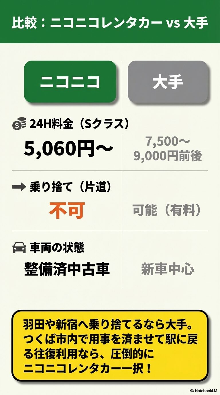 比較:ニコニコレンタカー vs 大手 24時間料金、乗り捨ての可否、車両の状態(中古車か新車か)について、ニコニコレンタカーと大手レンタカーを比較した一覧表。