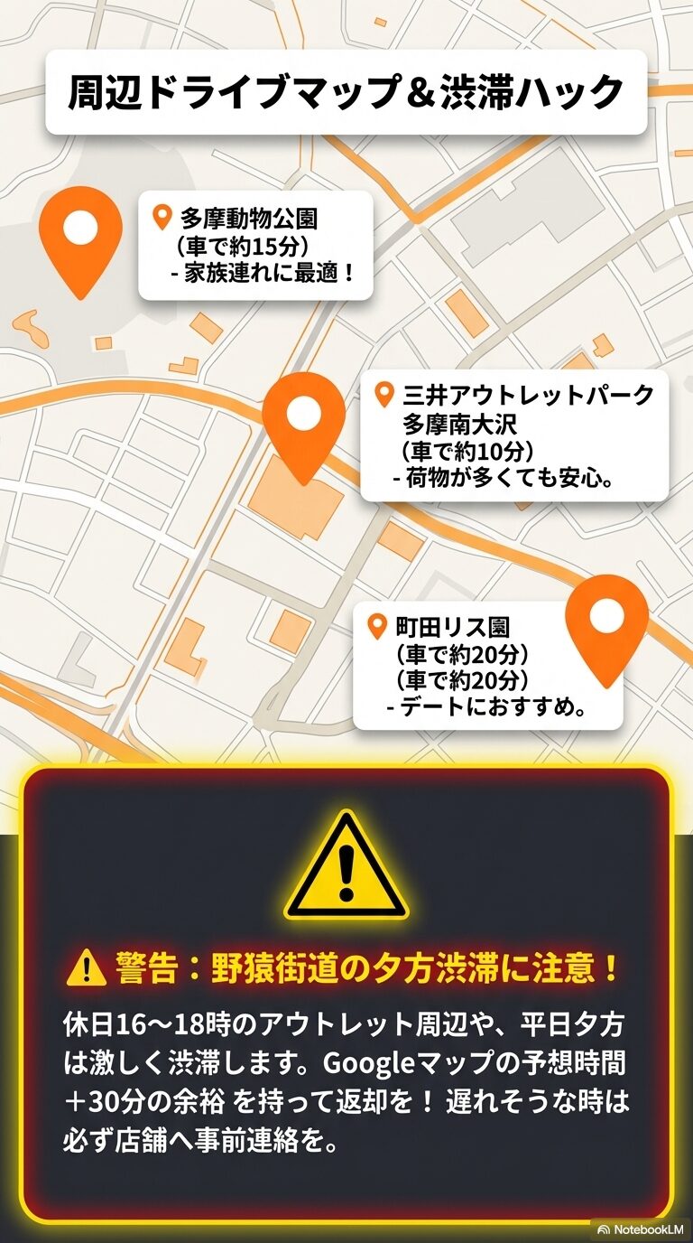 多摩動物公園、南大沢アウトレット、町田リス園へのアクセス時間。野猿街道の夕方渋滞（16〜18時）に注意し、Googleマップ予想+30分の余裕を持つようアドバイス