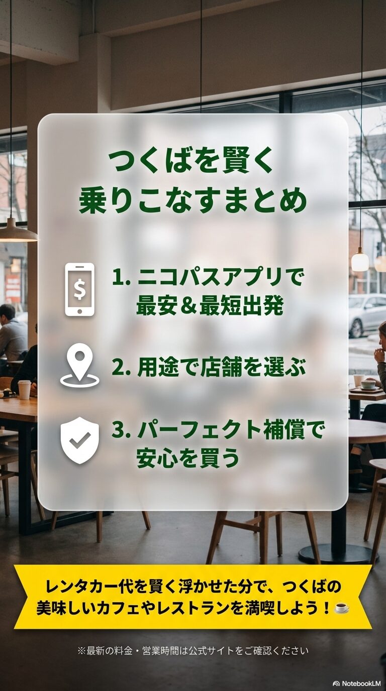 つくばを賢く乗りこなすまとめ ニコパスアプリの利用、用途に合わせた店舗選び、パーフェクト補償への加入という、つくばでの賢い利用法3点をまとめた最終スライド。