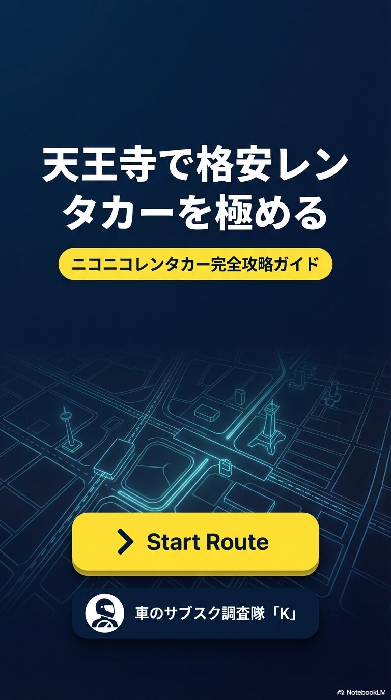 天王寺格安レンタカー完全攻略ガイド・表紙 「天王寺で格安レンタカーを極める ニコニコレンタカー完全攻略ガイド」と書かれた、記事全体の導入となるスライド画像。