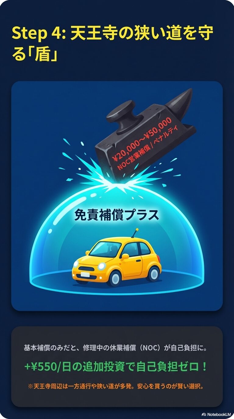 NOC(営業補償)を防ぐ「免責補償プラス」 車をガードするドームのイラストとともに、2万円〜5万円のNOC営業補償をゼロにする「免責補償プラス」の重要性を説くスライド。