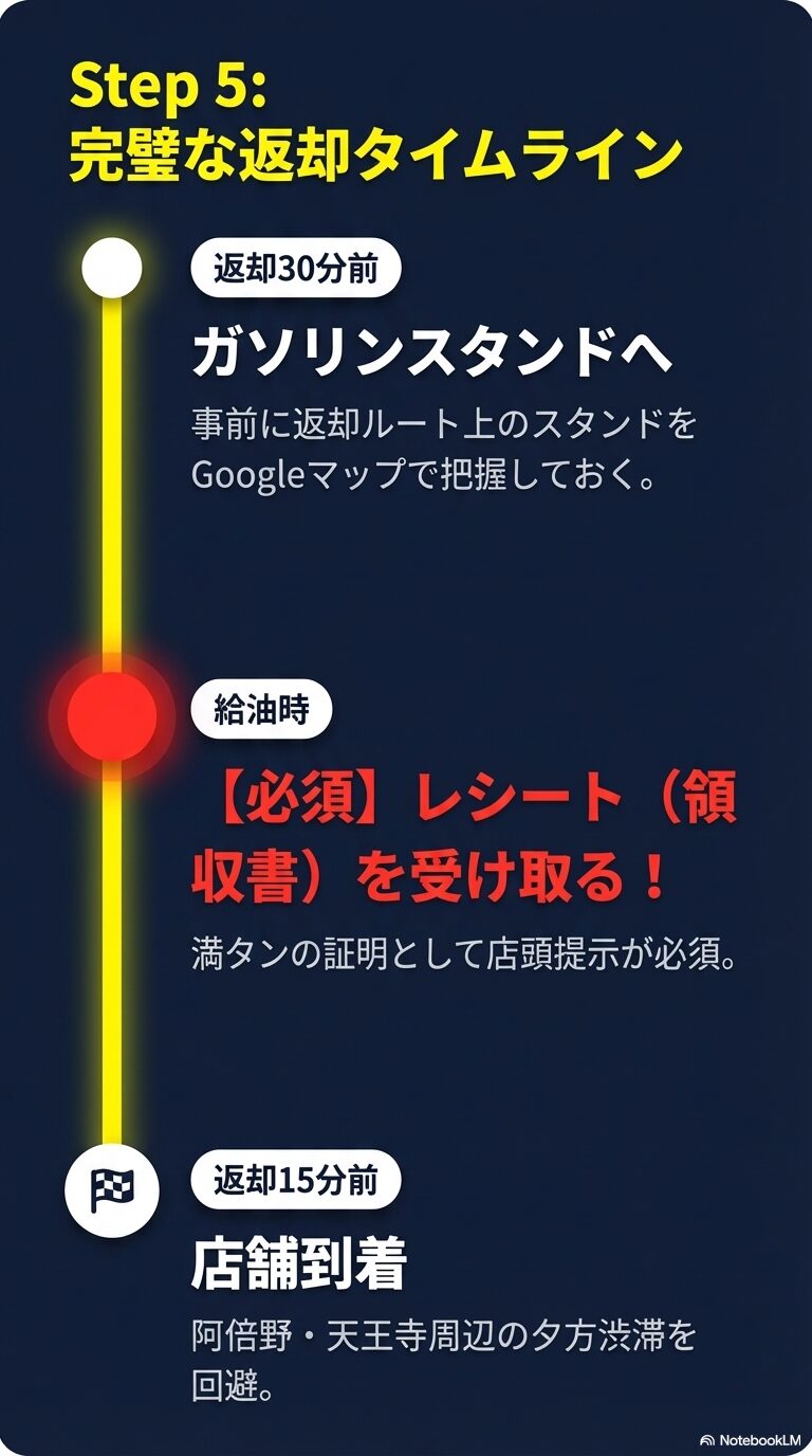 完璧な返却タイムライン 返却30分前の給油、レシート保管、15分前の店舗到着など、渋滞を回避してスムーズに返却する手順をまとめたスライド。