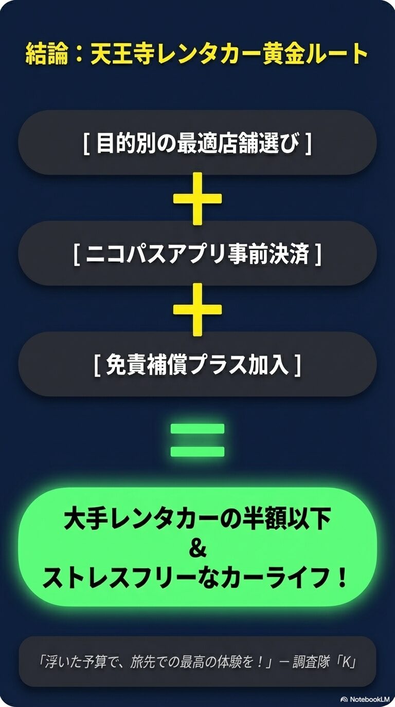 天王寺レンタカー黄金ルート・まとめ 店舗選び・アプリ決済・補償プラスの3要素を組み合わせることで、ストレスフリーなカーライフが実現することを表した結論スライド。