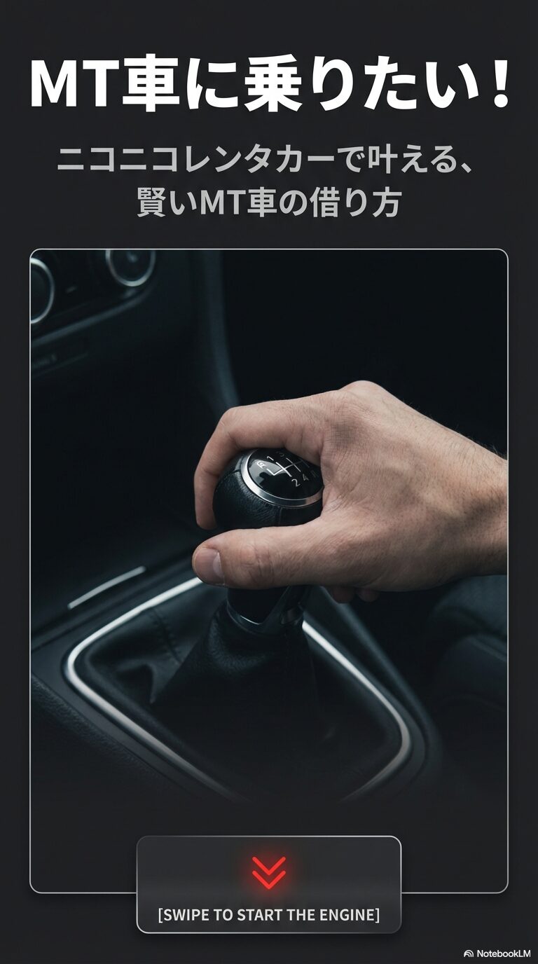 シフトレバーを握る手の写真とともに「MT車に乗りたい！ニコニコレンタカーで叶える、賢いMT車の借り方」と書かれた表紙スライド。