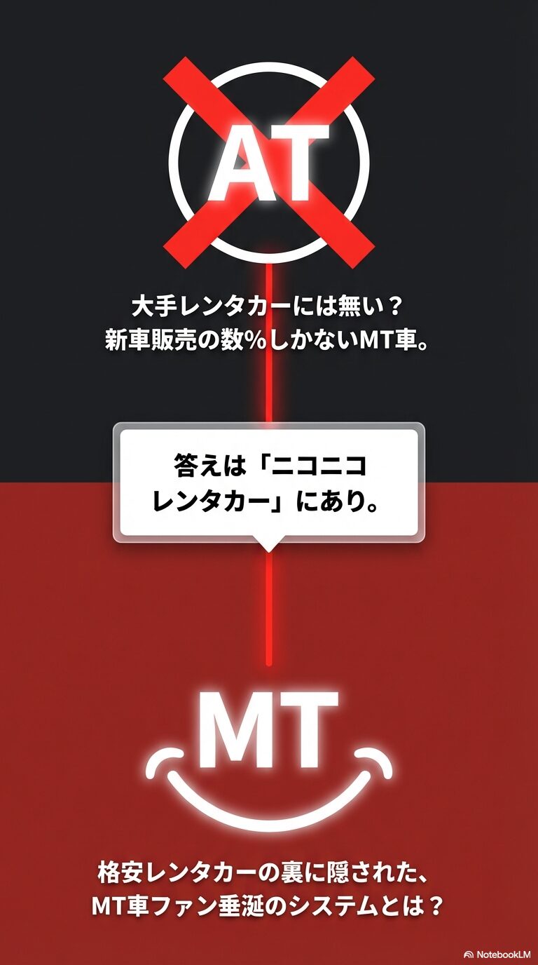 「AT」に×印がつき、新車販売の数％しかないMT車の希少性を説明し、その答えがニコニコレンタカーにあることを示すスライド。