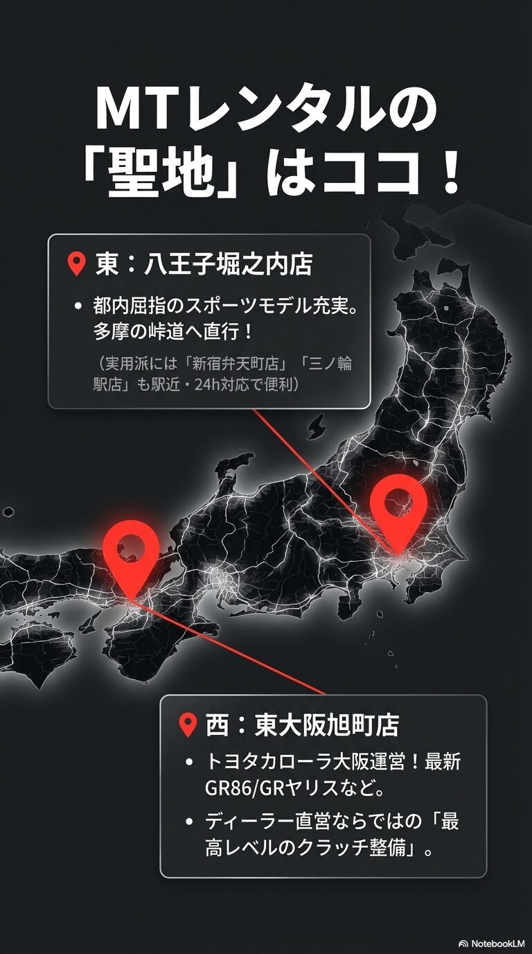 東の聖地として「八王子堀之内店」、西の聖地として「東大阪旭町店」の特徴とメリットをまとめた地図イメージのスライド。