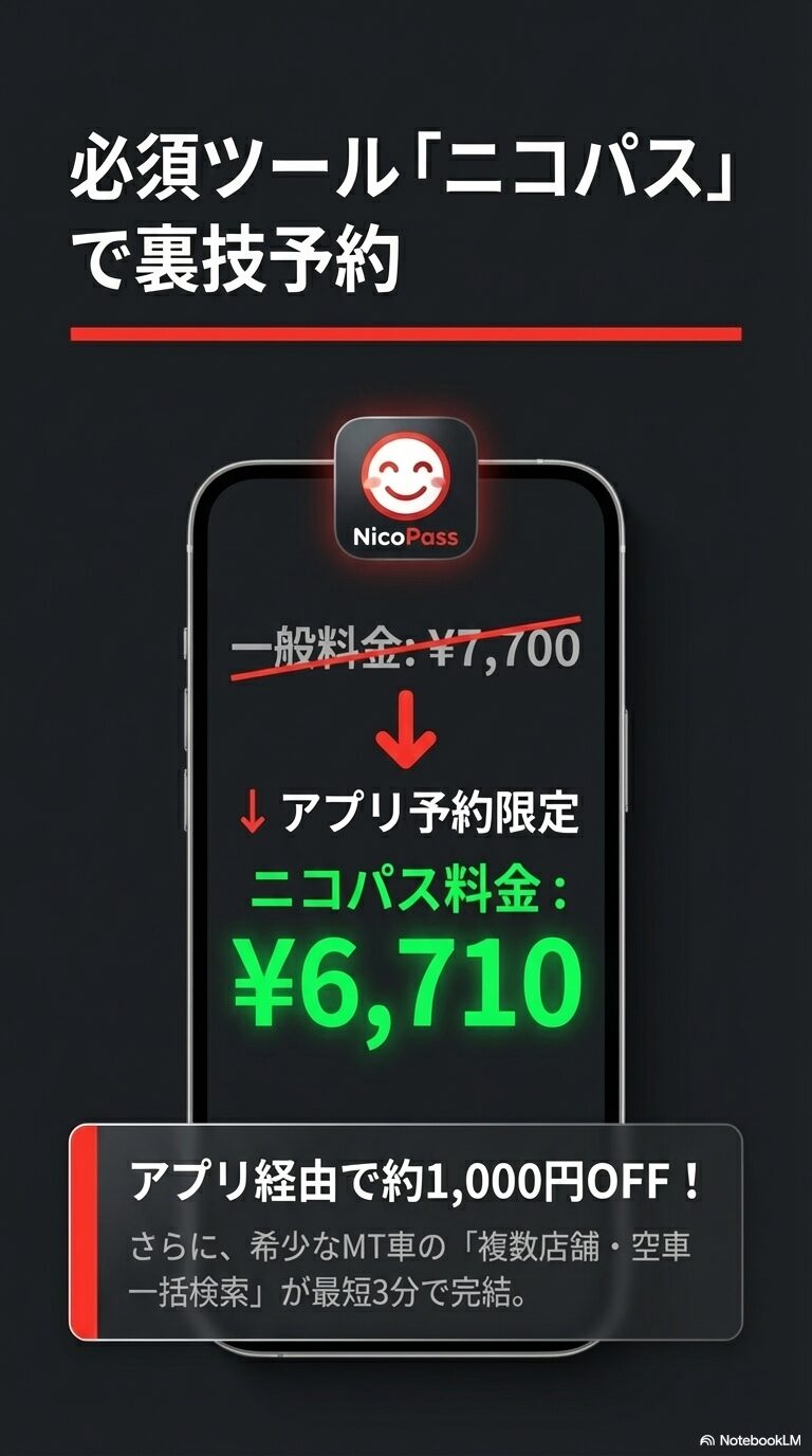 一般料金7,700円がアプリ予約で6,710円になることを示し、約1,000円OFFと一括検索の便利さを伝えるスライド。