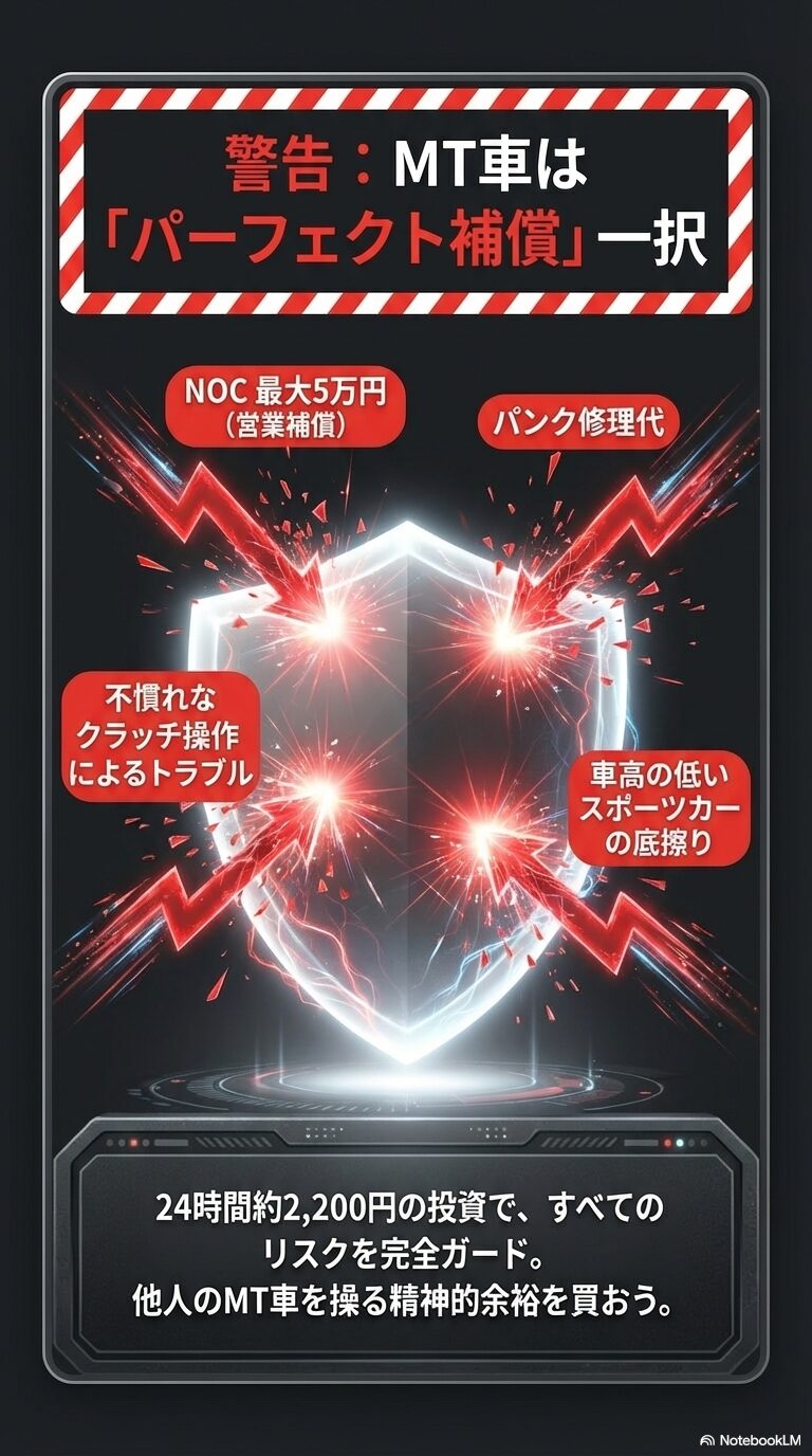 クラッチトラブルやNOC（営業補償）、底擦りなどのリスクを挙げ、24時間約2,200円で安心を買うことを推奨する警告スライド。