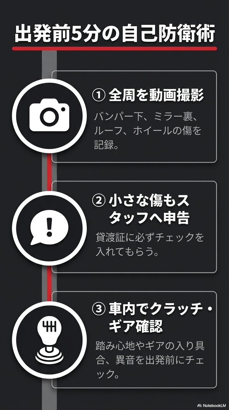 動画撮影、小さな傷の申告、車内での操作確認の3ステップをまとめた、トラブル回避のためのチェックリストスライド。