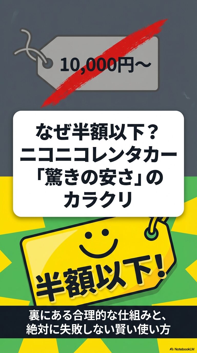 ニコニコレンタカーがなぜ半額以下なのか、その裏にある合理的な仕組みと失敗しない使い方を解説するタイトルのスライド画像。