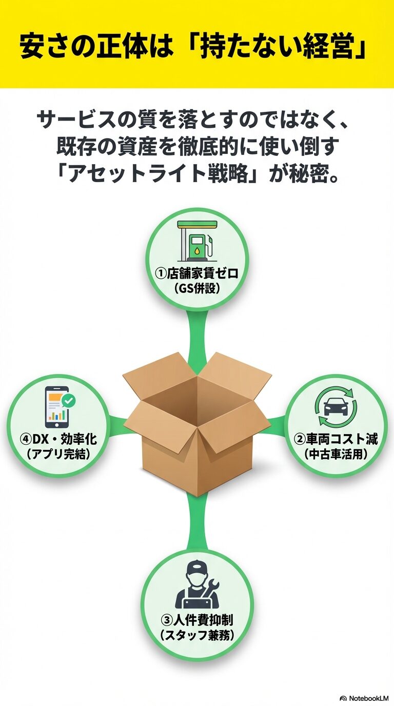 店舗家賃ゼロ、車両コスト減、人件費抑制、DX効率化の4つの柱から成る「アセットライト（持たない経営）戦略」の全体像を説明するスライド。