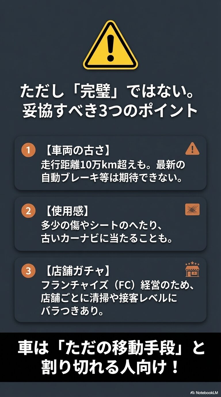 車両の古さ、使用感（傷や古いナビ）、店舗ごとの質のバラつき（店舗ガチャ）について、割り切りが必要であることを説明するスライド。