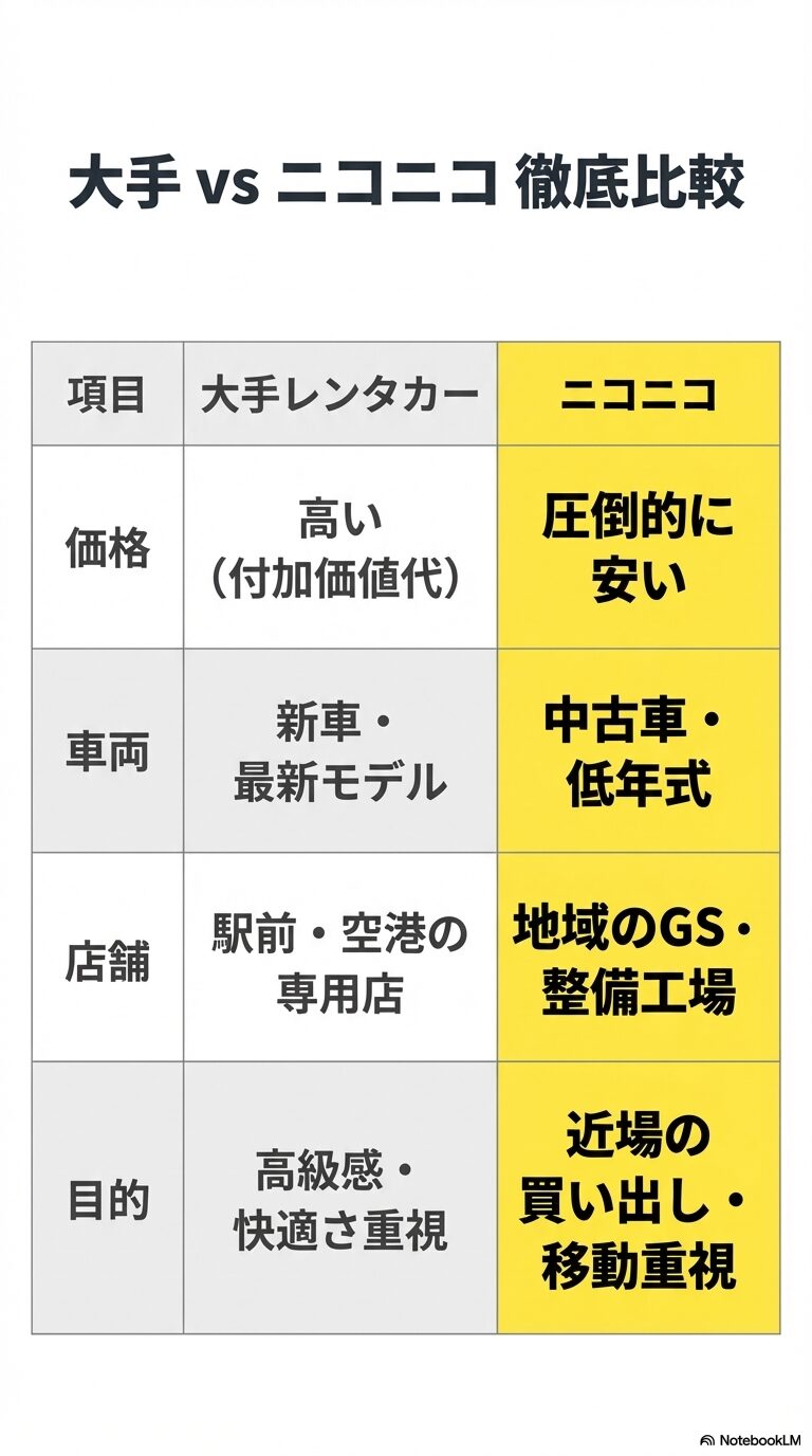 大手とニコニコを、価格・車両・店舗・目的の4つの項目で比較し、それぞれの適した利用シーンをまとめた表のスライド。