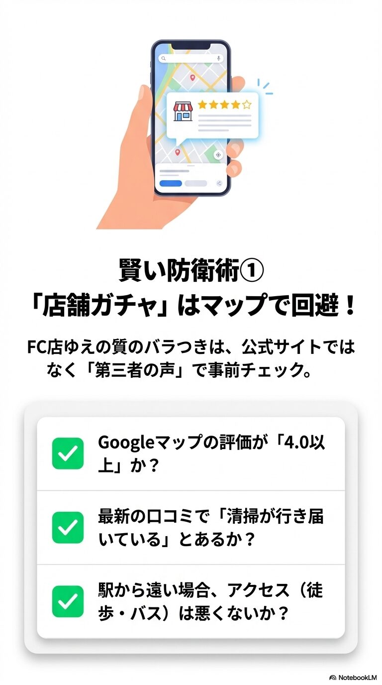 Googleマップで評価4.0以上か、最新の口コミで清掃状況が良いかを確認し、質の高い店舗を見極める方法を説明するスライド。
